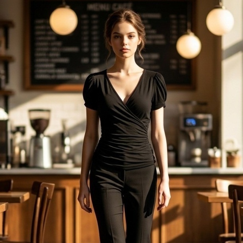 Express Sexy Basic Scrunch Tee Shirt Black Crossover Vneck Elevated Essential XS